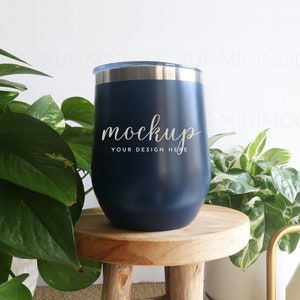 Wine Tumbler Mockup 12 oz | Stainless Steel Navy Blue Tumbler Mock up Spring Summer JPG and PNG Digital Download