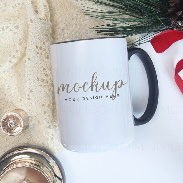 Christmas Black Handle Mug Mockup 15oz | Holiday Collection | White Ceramic Coffee Two Tone Mug Mock up JPG and PNG Digital Download