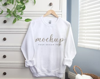 Gildan 18000 Mockup White | Heavy Blend Crewneck Unisex Sweatshirt Mock up White Sweater Hanging Collection JPG and PNG Digital Download