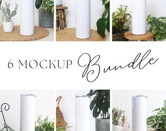 Skinny Tumbler Mockup 20 oz Bundle | Plants Collection | 6 Stainless Steel White Skinny Tumbler with Clear Lid Mock up ZIP Digital Download