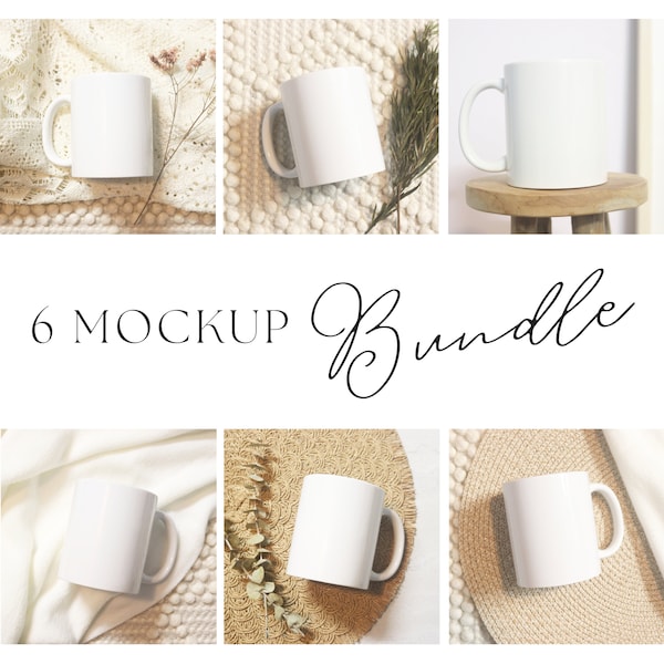 Mug Mockup 11oz Bundle | Boho Collection | 6 Ceramic White Coffee Cup Mock up Bundle Mugs Mock ups ZIP JPG Digital Download