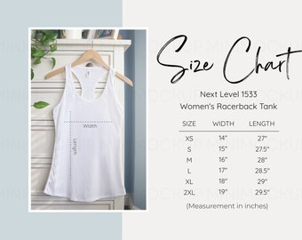 May include: Size chart for a white racerback tank top. The chart shows sizes XS through 2XL with corresponding width and length measurements in inches.