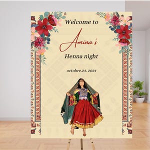 Panneau de bienvenue de nuit au henné afghan, téléchargement numérique, modèle modifiable, affiche de bienvenue au henné numérique, panneau de fête au henné, mariage afghan