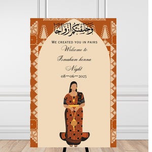 May include: A decorative sign on a black easel. The sign features text in English and Arabic, with a stylized illustration of a woman in traditional attire. The sign reads "Welcome to Ismamam henna Night 08-06-2025". The sign has a brown and beige color scheme.