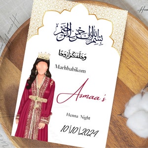 Moroccan Traditional Wedding or Henna Invitation Template, Printable Classic Simple Wedding Invitation with red  caftan, Digital Invitation