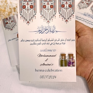 Cartão de henna da Palestina, noite de henna, presente de convidado dama de honra, salvar a data personalizada, presente personalizado, lembranças de henna tatreez de casamento árabe