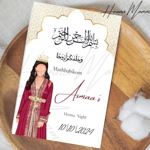 Marokkanische Hennakarte, Hennanacht, Gastgeschenk Brautjungfer, Zollabwehr das Datum, personalisiertes Geschenk, indische Hochzeit, Babyparty-Hennabevorzugungen
