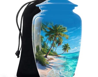 May include: A blue cremation urn with a tropical beach scene. The urn has a glossy finish and a matching lid. A black drawstring bag is next to the urn.
