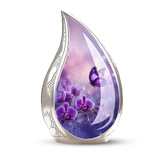 butterfly urn for adult ashes, purple memorial cremation urn, orchid funeral urn for adults, remembrance urn for human ashes, floral urn for loved one