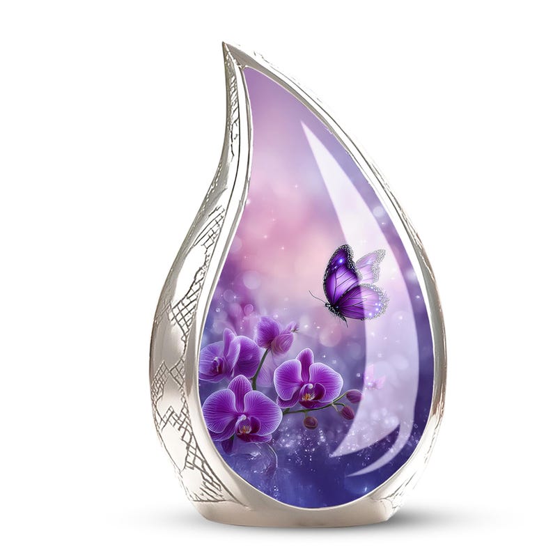 butterfly urn for adult ashes, purple memorial cremation urn, orchid funeral urn for adults, remembrance urn for human ashes, floral urn for loved one