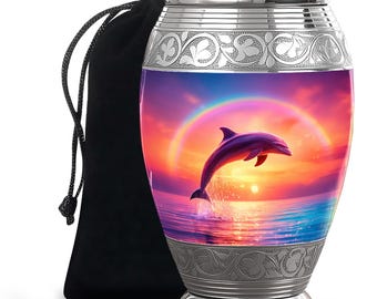 Urna de cremación con delfín - Recuerdo conmemorativo del atardecer en el océano para cenizas - Urna arcoíris - Urna con animal marino - Hermosa urna - Regalo para recordar a un ser querido fallecido