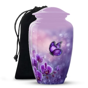 purple butterfly urn for ashes, orchid cremation urn for adults, memorial urn for loved one, purple funeral urn for ashes, decorative urn for human ashes