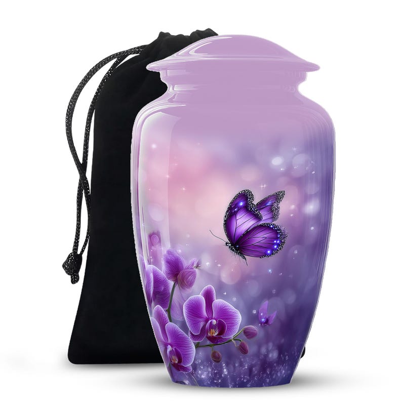 purple butterfly urn for ashes, orchid cremation urn for adults, memorial urn for loved one, purple funeral urn for ashes, decorative urn for human ashes