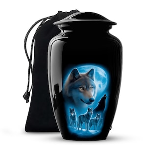 Personalised Wolf Urn For Ashes -  Large Black Cremation Urn - Memorial Urn - Human Ashes Urn - Howling Wolf Urn - Urn with Wolf Design