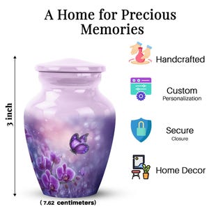 orchid butterfly urn for ashes, purple cremation urn for women, memorial urn for human remains, decorative funeral urn for adults, floral keepsake urn for ashes