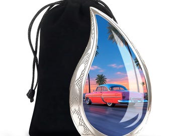 Urna de cremación con forma de coche clásico para cenizas – Urna conmemorativa Sunset Drive con coche clásico – Urna con palmera – Urna decorativa – Urna con forma de automóvil