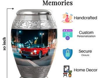 Urna de coche rojo - Urna conmemorativa personalizada - Coche rojo convertible clásico - Urna de recuerdo para cenizas - Urna funeraria única