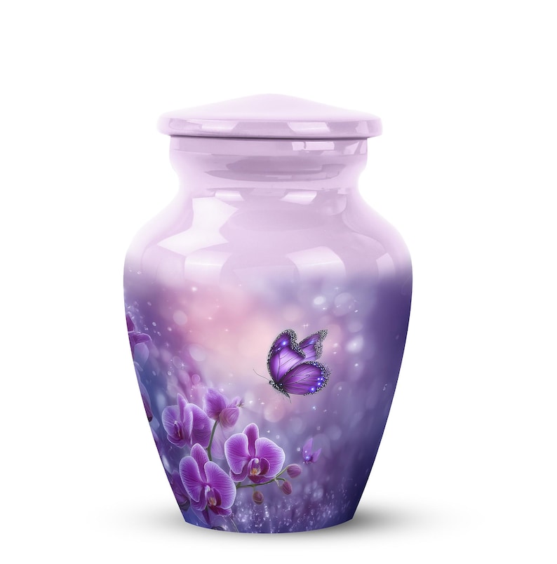purple butterfly memorial urn, cremation urn for human ashes, floral urn for adult ashes, remembrance urn for loved one, butterfly funeral urn for ashes
