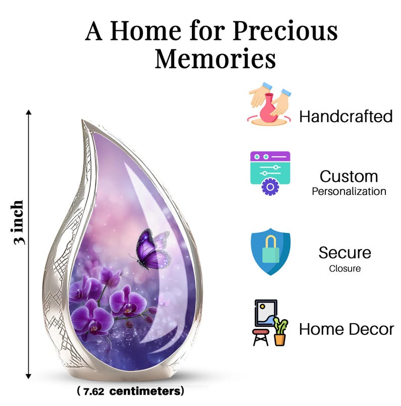 purple orchid urn for ashes, butterfly cremation urn for adults, memorial urn for human ashes, elegant funeral urn for loved one, floral keepsake urn for ashes