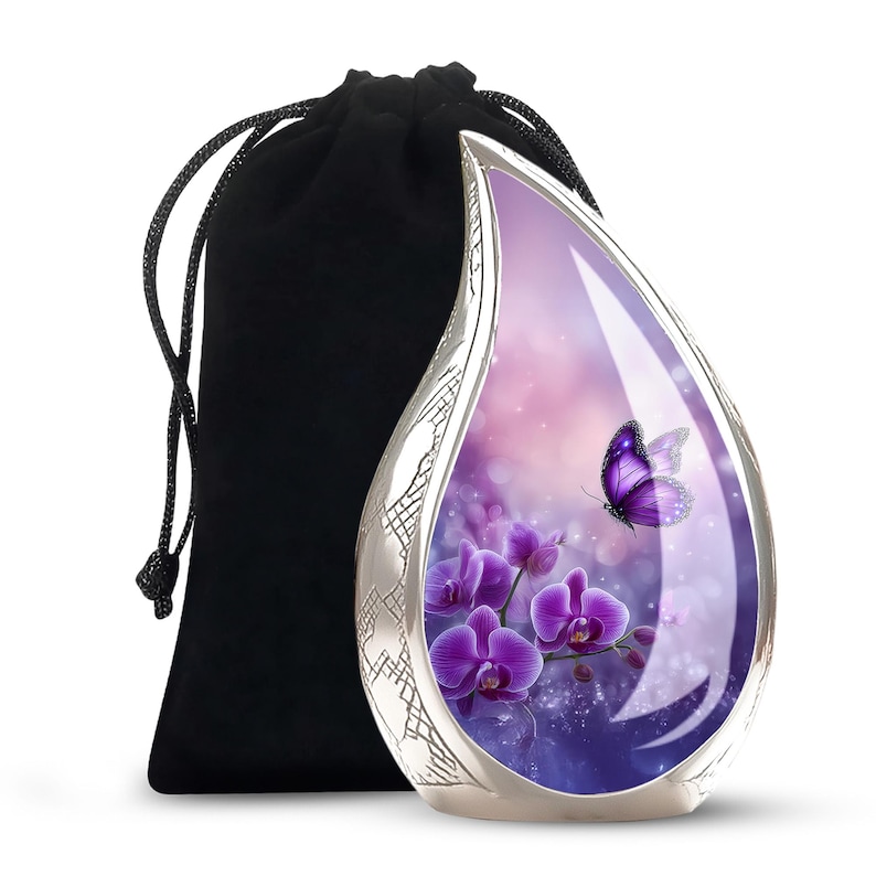 elegant butterfly cremation urn, purple urn for adult ashes, orchid memorial urn for ashes, funeral urn for human ashes, remembrance urn for loved one