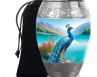 Urna crematoria con forma de pavo real para cenizas - Urna con paisaje de lago - Urna con diseño de montaña para personas - Urna funeraria con forma de ave - Urna artesanal - Urna de color azul