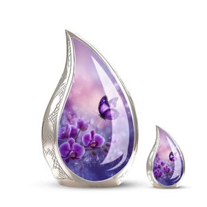 butterfly memorial urn for ashes, purple cremation urn for human ashes, orchid urn for loved one, adult funeral urn for ashes, decorative remembrance urn for adults
