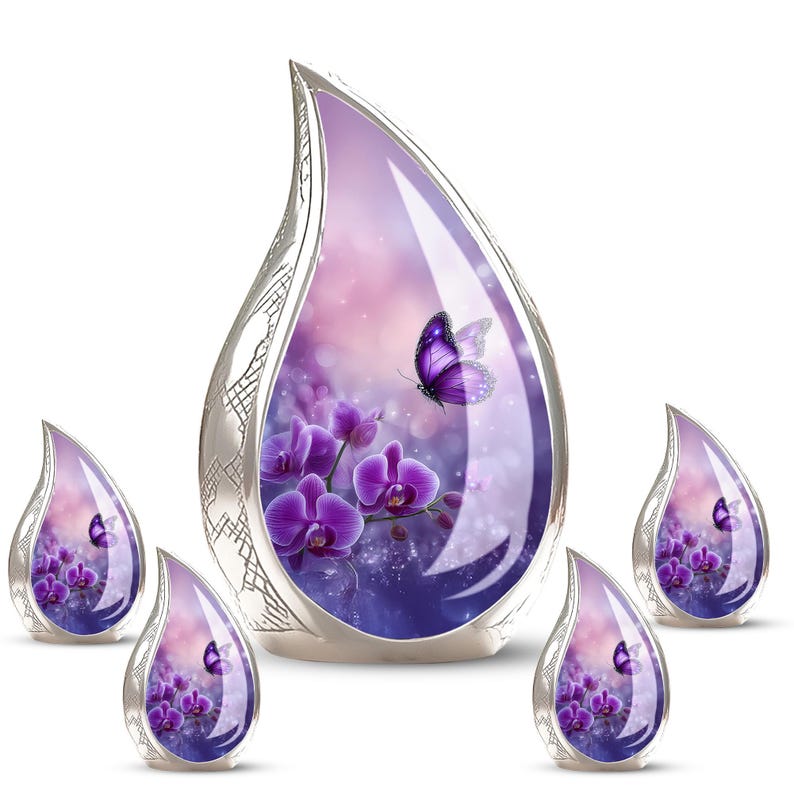 purple butterfly urn for adults, floral cremation urn for ashes, orchid memorial urn for loved one, funeral urn for human remains, elegant urn for human ashes