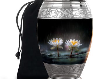 Urna de cremación con forma de loto para cenizas - Urna conmemorativa para adultos - Urna con flores de loto blancas - Urna funeraria conmemorativa - Urna negra