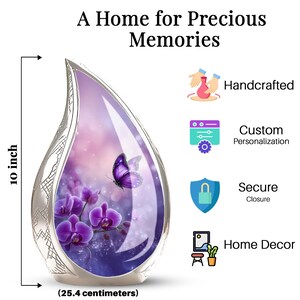 purple butterfly funeral urn, adult cremation urn for ashes, floral memorial urn for loved one, orchid urn for human ashes, decorative keepsake urn for ashes