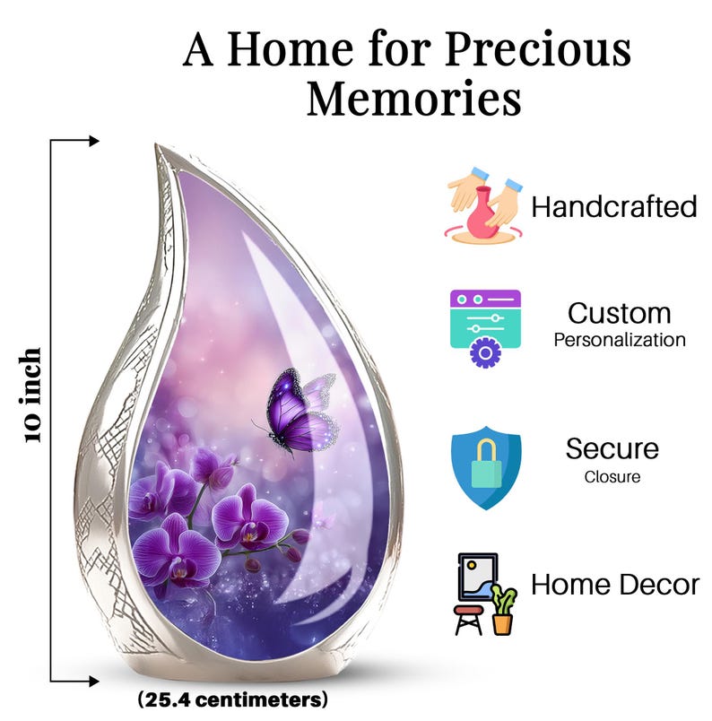 purple butterfly funeral urn, adult cremation urn for ashes, floral memorial urn for loved one, orchid urn for human ashes, decorative keepsake urn for ashes
