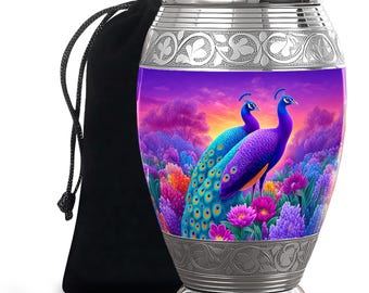 Urna de cremación decorativa grande con forma de pavo real para cenizas de adultos - Urna morada