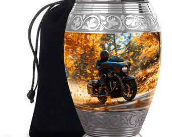Urna de cremación para motocicletas - Urna conmemorativa para motociclistas - Para amantes de las motocicletas - Urna marrón - Cenizas humanas adultas - Urna con diseño de bosque