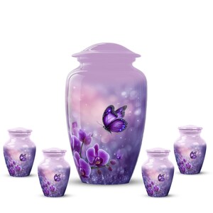 purple floral urn for ashes, butterfly memorial urn for adults, cremation urn for loved one, orchid funeral urn for ashes, decorative urn for human remains