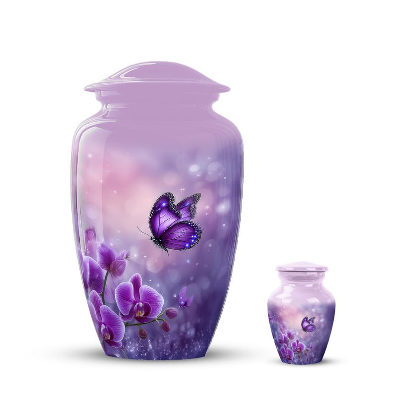 butterfly urn for human ashes, purple orchid cremation urn, adult memorial urn for ashes, funeral urn for loved one, floral remembrance urn for ashes