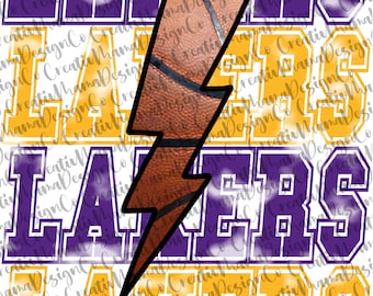 May include: A digital design featuring the word "LAKERS" in yellow and purple with a lightning bolt graphic. The lightning bolt is filled with a basketball pattern.