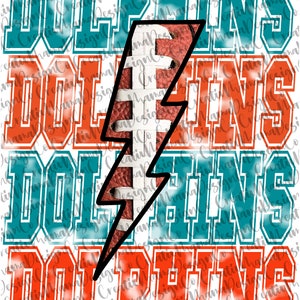 May include: Four rows of the word "Dolphins" in alternating teal and orange with a white outline. A lightning bolt graphic is in the center of the image. The lightning bolt is made to look like a football with white laces.