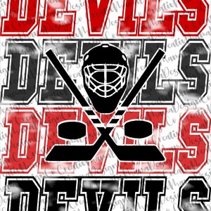 May include: Black and red graphic with the word "Devils" repeated three times. The graphic features a hockey stick and puck, and a hockey goalie mask.