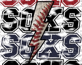 Op de afbeelding: Een grafisch ontwerp met het woord "SOX" in zwarte, rode en blauwe letters met een honkbalknuppel- en bliksemontwerp. De achtergrond is een wit, wazig, abstract ontwerp.