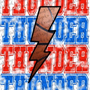 Op de afbeelding: Een grafisch ontwerp met het woord "THUNDER" in rode en blauwe letters met een witte omtrek. In het midden van de afbeelding staat een basketbal met een bliksemontwerp.
