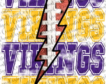 May include: A graphic design featuring the word "VIKINGS" in purple and gold, with a football-shaped lightning bolt in the center. The design has a layered effect, with the text repeated.