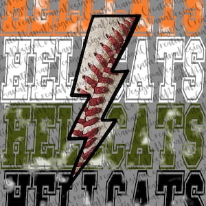 May include: A graphic design featuring the word "HELLCATS" in black text with a white outline. The word is layered over a gray background with a white and orange design. A red lightning bolt with a baseball texture is centered in the design.