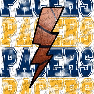 May include: A digital design featuring the word "PACERS" in blue and yellow letters with a basketball and lightning bolt graphic. The design is perfect for a sports team or fan.