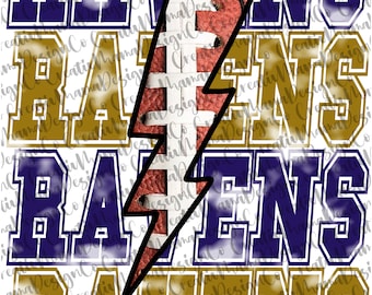 May include: A digital design featuring the word "RAVENS" in gold and navy blue lettering with a lightning bolt graphic made to look like a football. The design is perfect for creating t-shirts, mugs, or other merchandise.