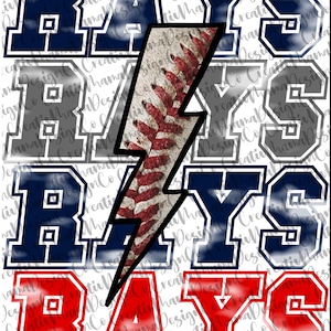 May include: A graphic design featuring the word "RAYS" in four different colors: blue, gray, blue, and red. The word is layered on top of a lightning bolt graphic with a baseball pattern.