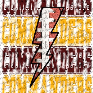 May include: A digital graphic design featuring the word "COMMANDERS" in maroon and gold lettering with a lightning bolt design in the centre. The lightning bolt is made up of a football pattern.