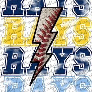 May include: A graphic design featuring the word "RAYS" in blue, yellow, and light blue lettering with a baseball-themed lightning bolt in the center.