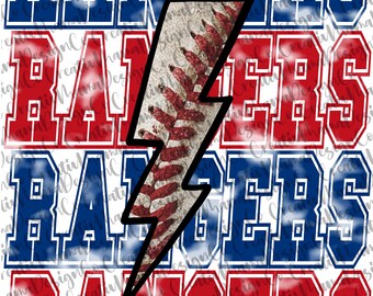 Puede incluir: Un diseño gráfico con la palabra "Rangers" en letras de bloque rojas y azules. Un rayo con temática de béisbol está centrado sobre el texto. El diseño es adecuado para ropa deportiva y merchandising.