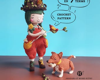 Modèle de poupée au crochet Amigurumi, chien foxy et fille avec chapeau nichoir (téléchargement PDF)