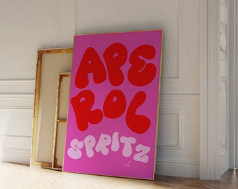 Aperol Spritz Poster, Retro Cocktail Print, Trendige Wandkunst, Bar Zubehör, Bunte Cocktail Wandkunst, Rosa Poster
