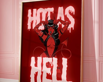 Hot As Hell Devil Halloween Art | Wall Decor | Trendy Wall Art | Retro Halloween Print | Digital Download Art Print | Dorm Room Decor